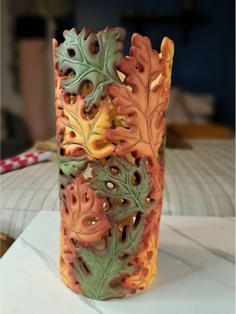 Vtg Partylite Whispering Leaves Pillar Lantern Cutout Autumn Leaf Design 9.5